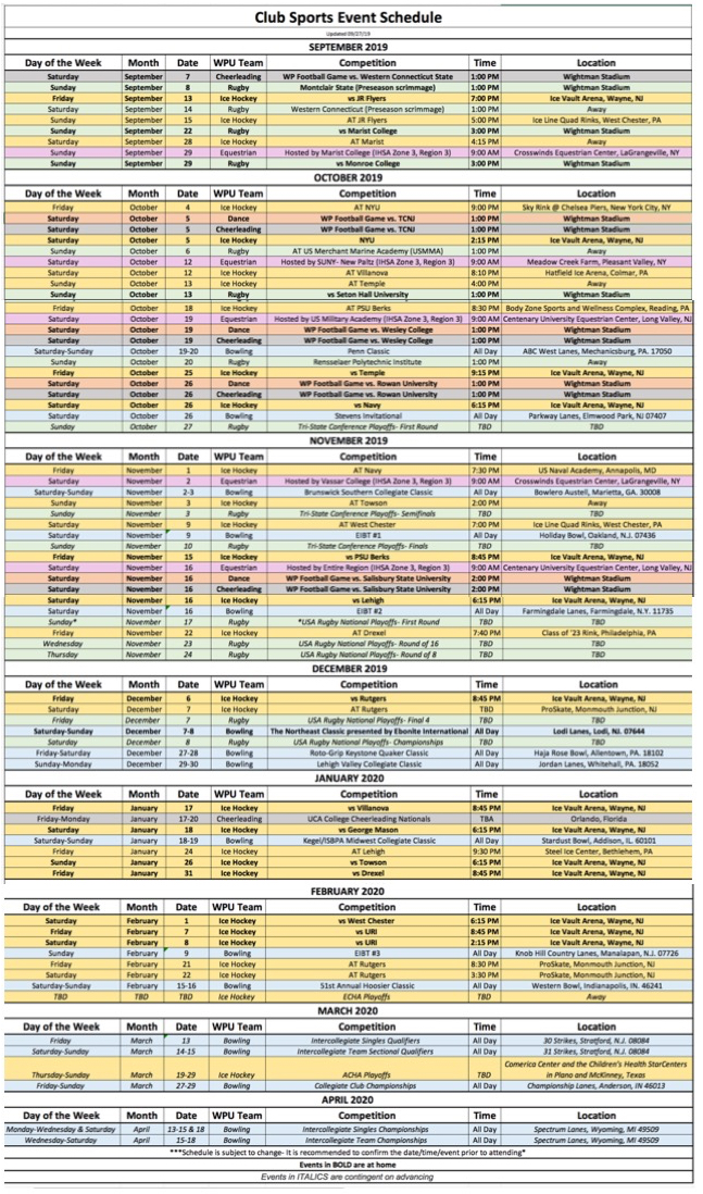 Club Team Schedule as of 09272019